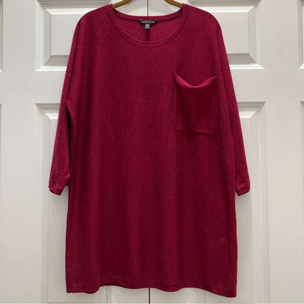 Eileen Fisher Jersey Merino Wool Tunic Sweater Pocket Italian Red size Medium